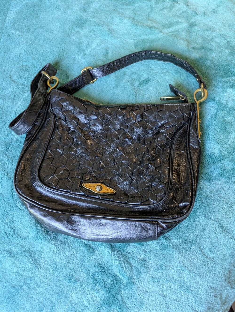Black Woven Leather Shoulder Bag with Gold Accents